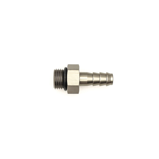 DeatschWerks 6AN ORB male to 5/16-inch triple barb fitting with O-ring, automotive fuel or oil line connector.