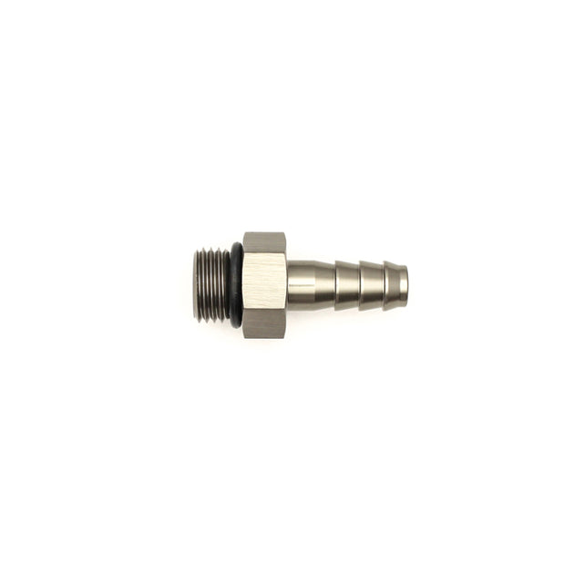 DeatschWerks 6AN ORB male to 5/16-inch triple barb fitting with O-ring, automotive fuel or oil line connector.