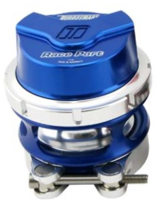Turbosmart RacePort Female Gen V blue blow off valve with no-weld flange, showcasing its sleek design and vibrant color.