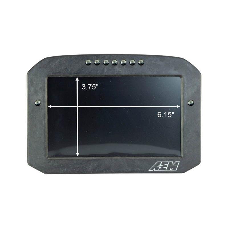 AEM CD-7 Carbon Flush Digital Dash Display gauge showing a sleek black carbon finish and digital readout for vehicle dashboard.