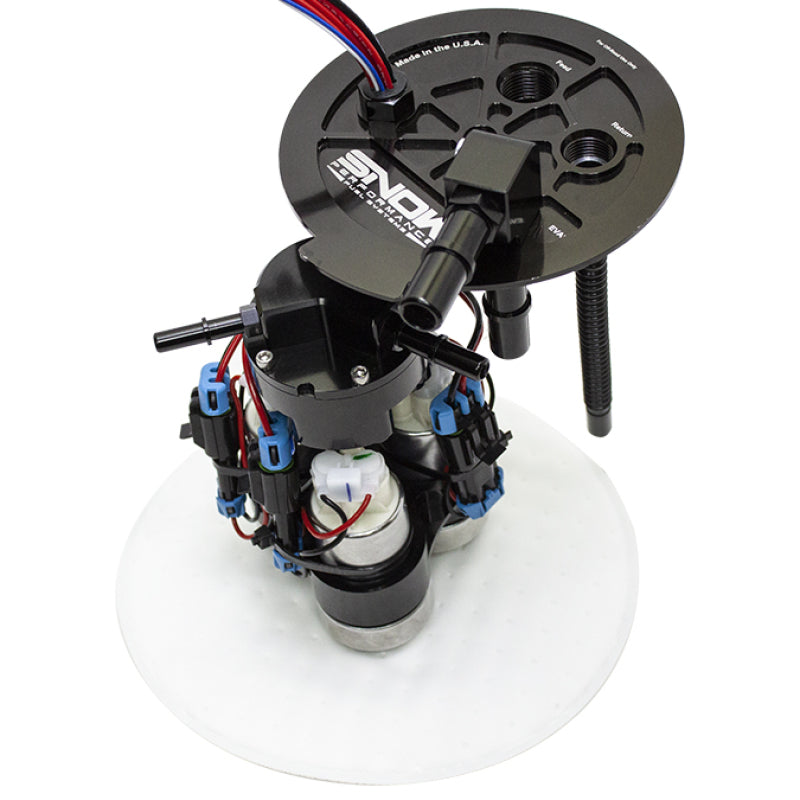 Snow Performance Chevrolet Camaro 6th Gen fuel hat with triple pump setup for fuel delivery system.
