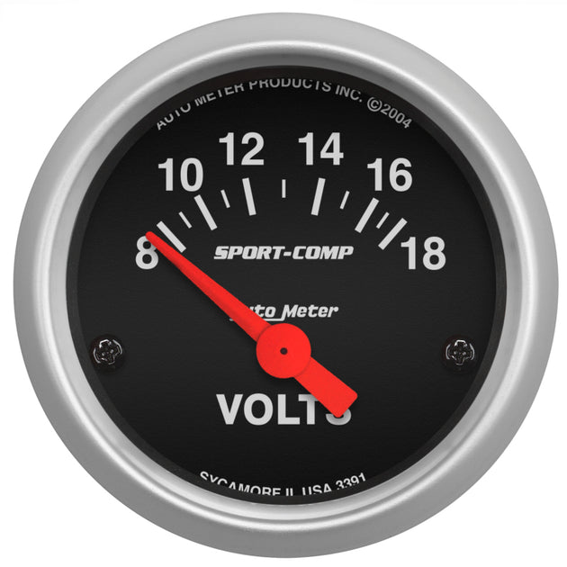 AutoMeter Sport-Comp 52mm electronic voltmeter gauge displaying voltage readings from 8 to 18 volts.