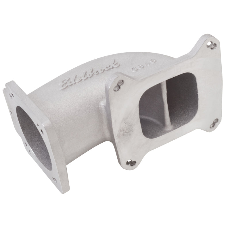 Edelbrock low profile intake elbow with 90mm throttle body to square-bore flange, in as-cast finish, for automotive performance engines.
