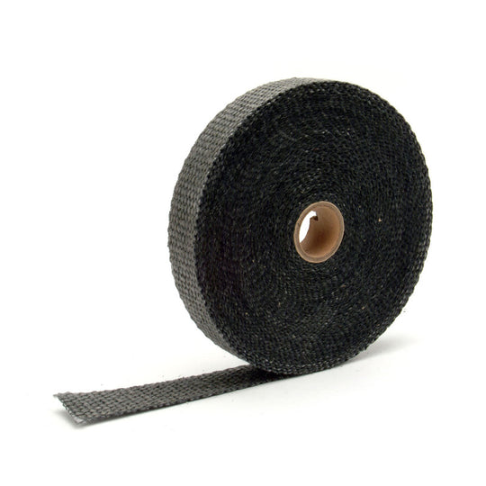 Black DEI Exhaust Wrap 1in x 50ft, high-temperature carbon fiber insulation for exhaust pipes with detailed close-up view.