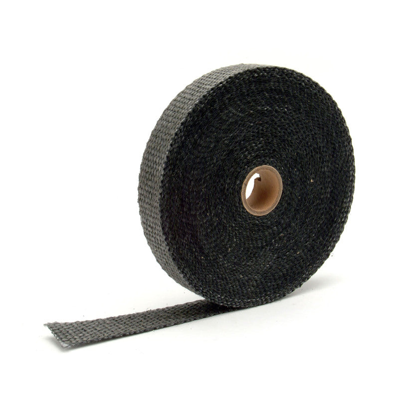 Black DEI Exhaust Wrap 1in x 50ft, high-temperature carbon fiber insulation for exhaust pipes with detailed close-up view.