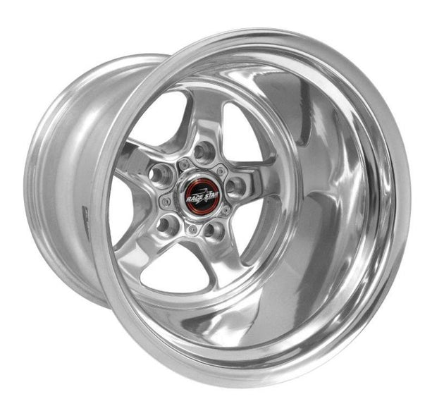 Race Star Drag Star polished 15x14-inch cast wheel with 5x4.75 bolt pattern and 4.00 backspacing, designed for drag racing.