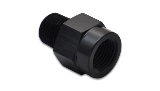 Vibrant aluminum 1/8-inch male BSP to 1/8-inch female NPT adapter fitting, showcasing the metallic threaded ends and smooth surface.
