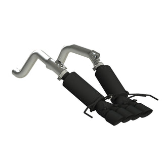 MBRP catback exhaust system for Chevy Corvette V8 6.2L, black dual 3-inch pipes with 4-inch quad dual wall tips.