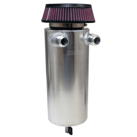 Moroso 6-inch aluminum dual -16AN inlet oil catch can with breather tank for automotive engine ventilation and oil separation