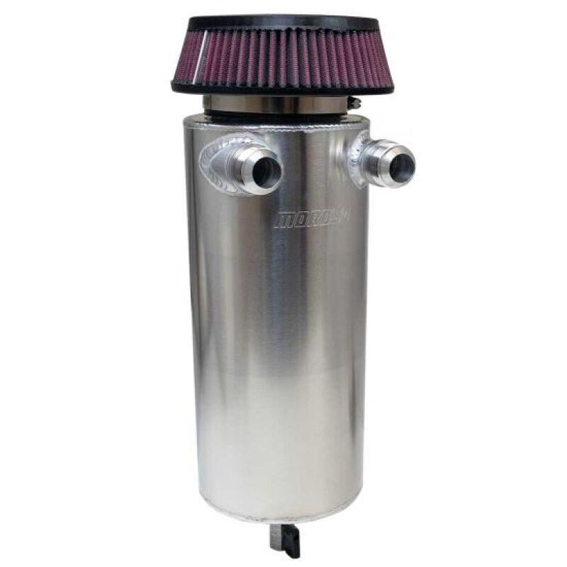 Moroso 6-inch aluminum dual -16AN inlet oil catch can with breather tank for automotive engine ventilation and oil separation