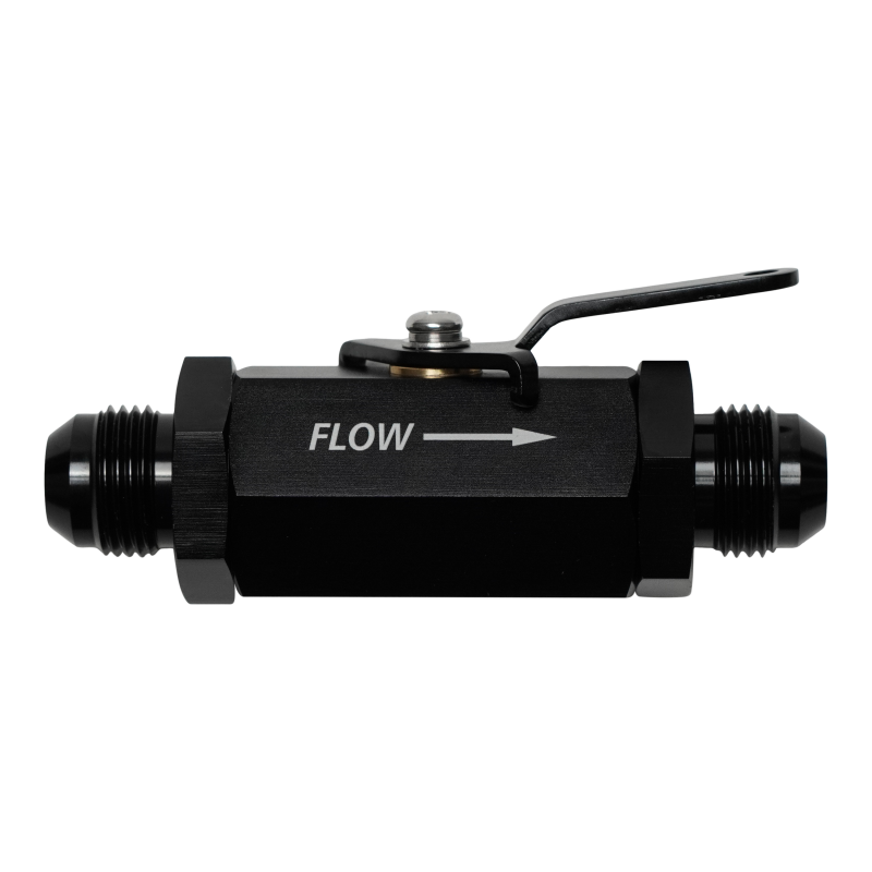 DeatschWerks 10AN shutoff valve with black body and metal fittings, used for fuel or fluid line control in automotive applications.