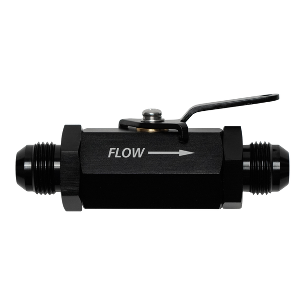 DeatschWerks 8AN shutoff valve for fuel lines, featuring metal body and threaded connections, designed for precise fuel system control.