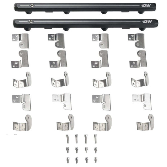 DeatschWerks GM Truck Gen 3 and 4 LS fuel rails, black metal with mounting hardware, designed for Chevy LS engine applications.