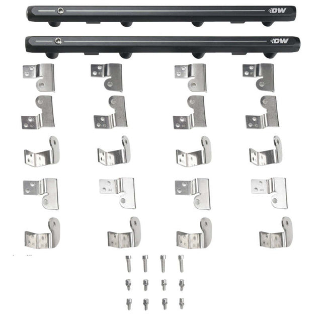 DeatschWerks GM Truck Gen 3 and 4 LS fuel rails, black metal with mounting hardware, designed for Chevy LS engine applications.