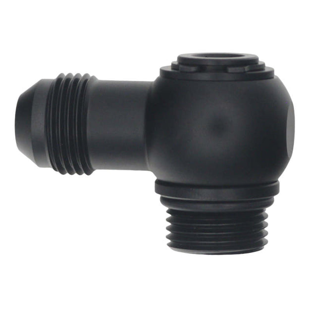 DeatschWerks matte black 8AN ORB male to 8AN male flare low profile 90-degree swivel fitting for automotive applications