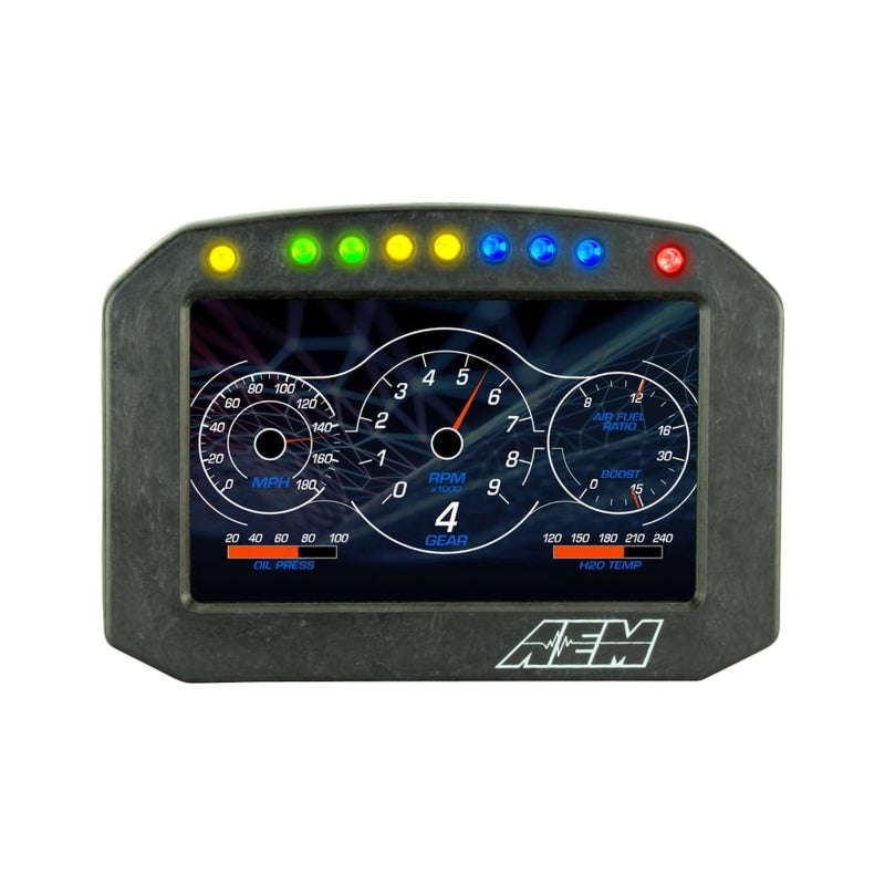 AEM CD-5L Carbon Logging Flush Digital Dash Display gauge showing digital readout and carbon fiber finish.