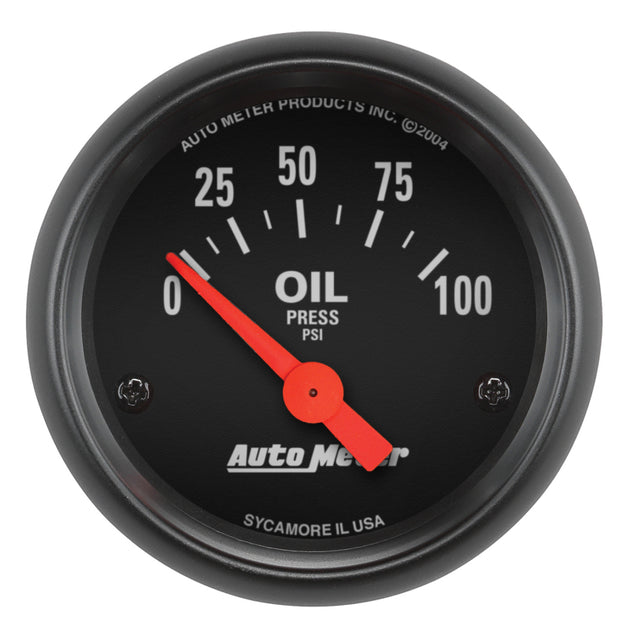 AutoMeter Z-Series 52mm oil pressure gauge displaying 0-100 PSI with black dial and chrome bezel for automotive monitoring