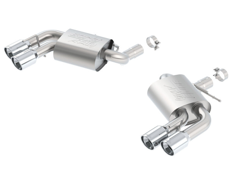 Borla axle back exhaust for 2016 Chevy Camaro 6.2L Atak rear section without dual mode valves, showcasing polished metal components.