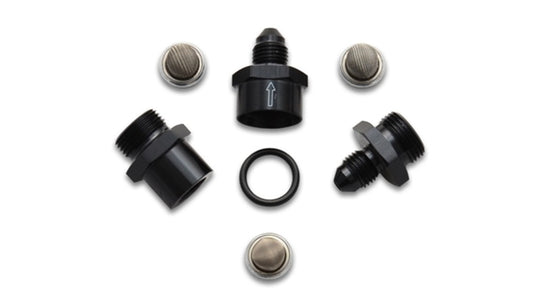 Vibrant inline fuel and oil filter set with three size -4AN filters, designed for automotive fuel filtration systems.