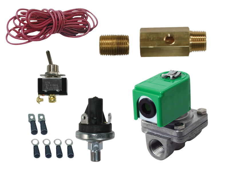 Moroso 12V accumulator solenoid valve for oil catch cans, 20-25psi, shown in a close-up image with metal components and wiring.