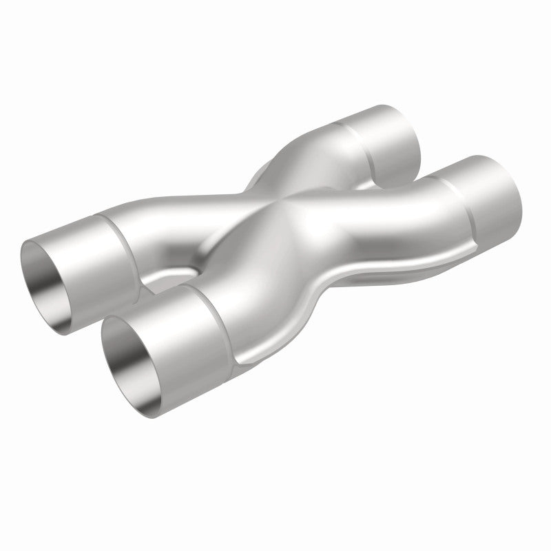 MagnaFlow Smooth Trans X 2.5-inch stainless steel X pipe for automotive exhaust systems, showing the polished metal and pipe design.