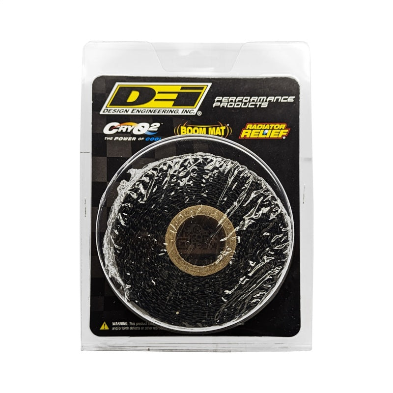Black DEI Exhaust Wrap 2in x 15ft in titanium color, designed to insulate and protect exhaust pipes.