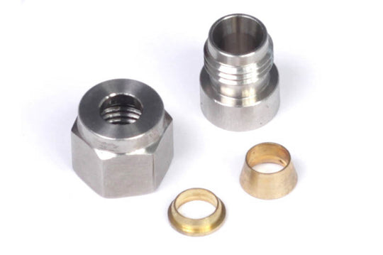 Haltech 1/4-inch stainless steel weld-on fitting kit with nut and ferrule, showing assembled fittings and welding components.