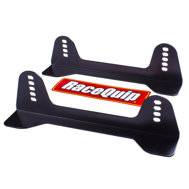 RaceQuip 110mm steel seat mount bracket for racing seats, sturdy black metal frame, designed for secure installation in race cars.