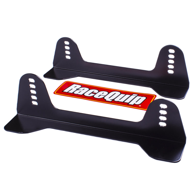 RaceQuip 110mm steel seat mount bracket for racing seats, sturdy black metal frame, designed for secure installation in race cars.