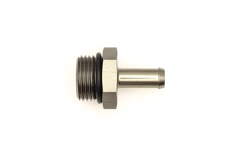 DeatschWerks 8AN ORB male to 5/16 inch male barb fitting with O-ring, used for fuel or fluid line connections.