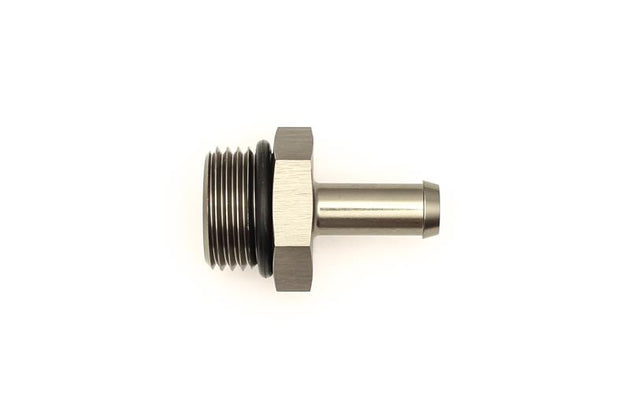 DeatschWerks 8AN ORB male to 5/16 inch male barb fitting with O-ring, used for fuel or fluid line connections.