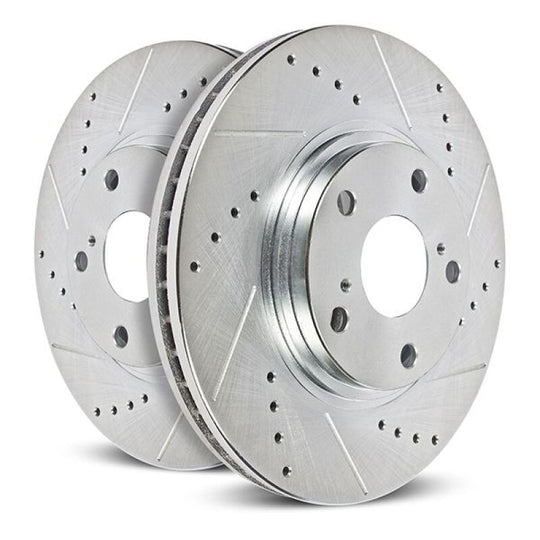 PowerStop 23-24 Ford F-450 Super Duty rear left drilled and slotted brake rotor with ventilated design and metal finish.