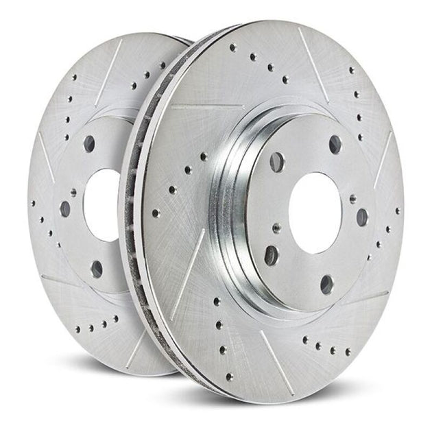 PowerStop rear right drilled and slotted brake rotor for Ford F-450 Super Duty 2023-2024, with ventilated design and cross-drilled holes.
