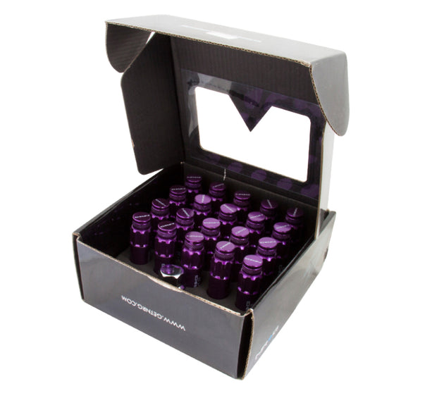 NRG 700 Series M12 x 1.5 steel lug nut set with dust caps, locks, and lock socket in purple for vehicle wheels.