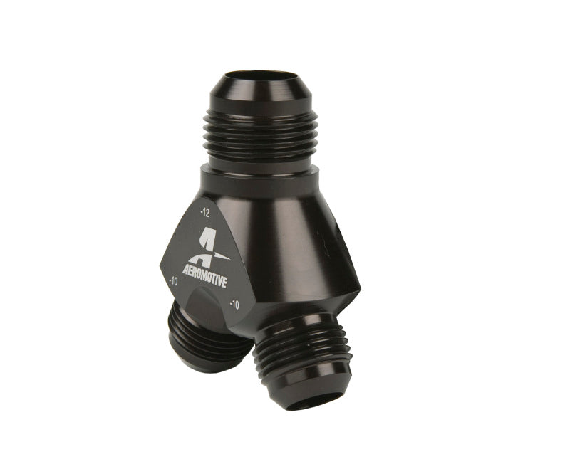 Aeromotive Y-Block fittings with AN-12 and dual AN-10 connections for high-performance fuel system setup