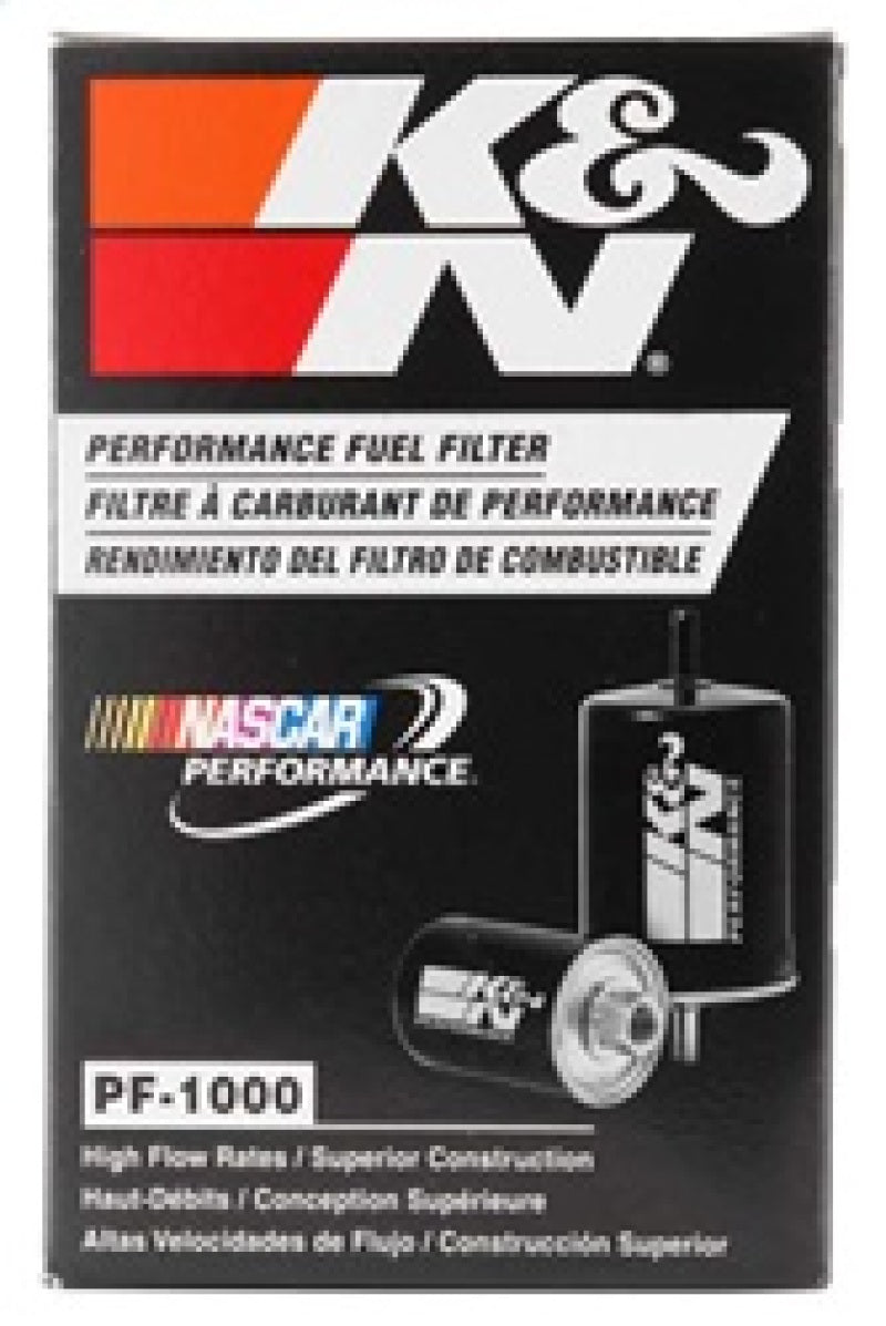 K&N Engineering cellulose media fuel filter with 2.125-inch diameter and 4.281-inch length for vehicle fuel filtration.