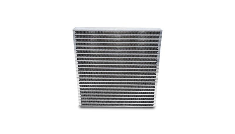 Vibrant universal oil cooler core measuring 12x12x2 inches, with metal fins and inlet/outlet fittings for automotive cooling system