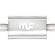 MagnaFlow Mag SS muffler with 14x5x8 inch size and 2.5-inch inlet and outlet pipes, shown in a close-up view.