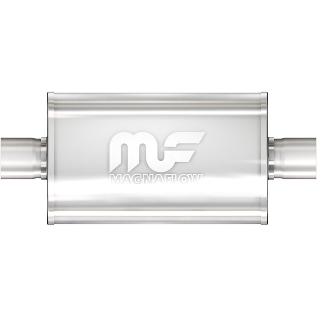 MagnaFlow Mag SS 5X8 14 muffler with a sleek stainless steel finish, showcasing the cylindrical shape and inlet/outlet openings.