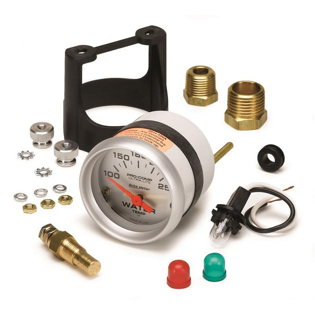 AutoMeter Ultra-Lite 52mm electric water temperature gauge showing a short sweep dial from 100 to 250°F.