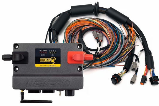 Haltech Nexus R3 VCU with 2.5m wire-in harness kit for vehicle tuning and programming, showing the control unit and wiring.