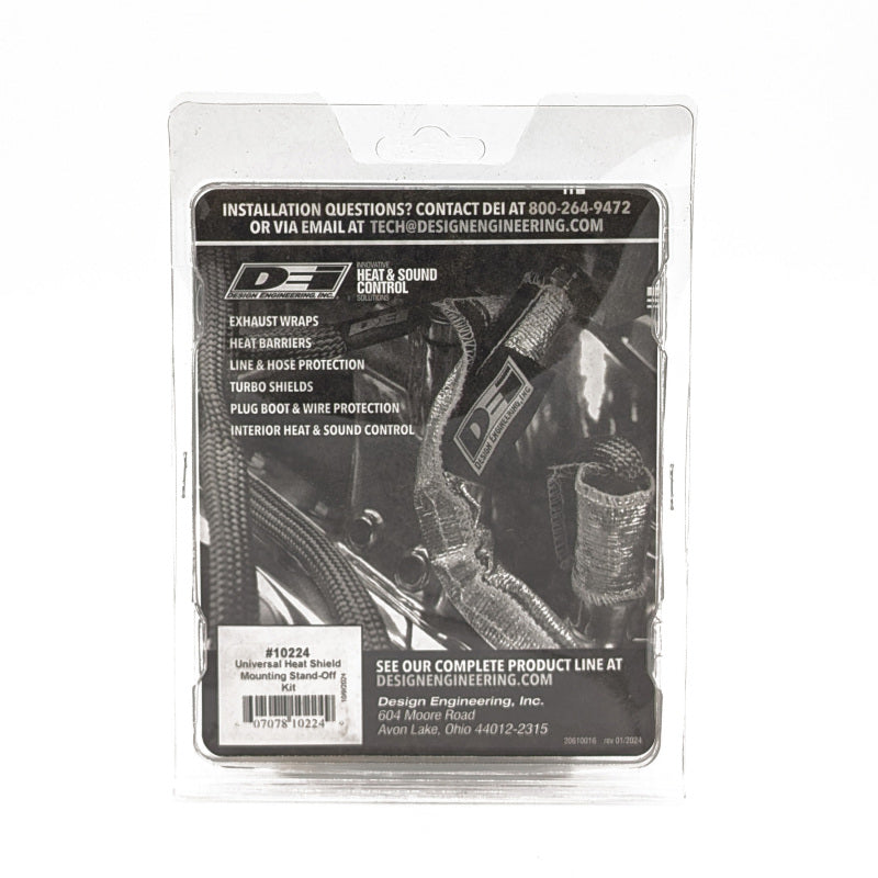 DEI Universal Heat Shield Stand-Off Mounting Kit fitting, showing metal components and mounting hardware for heat protection.