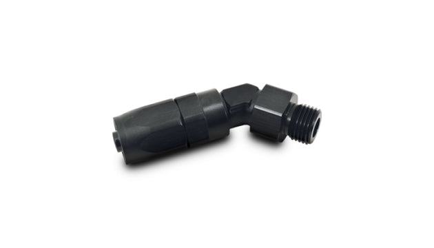 Vibrant Male -6AN 45-degree hose end fitting with 9/16-18 threaded connection, designed for high-performance fluid systems.