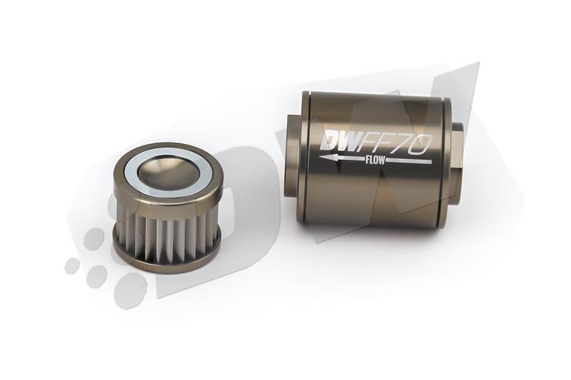 DeatschWerks stainless steel 8AN 100 micron universal inline fuel filter housing kit with mounting bracket and fittings.