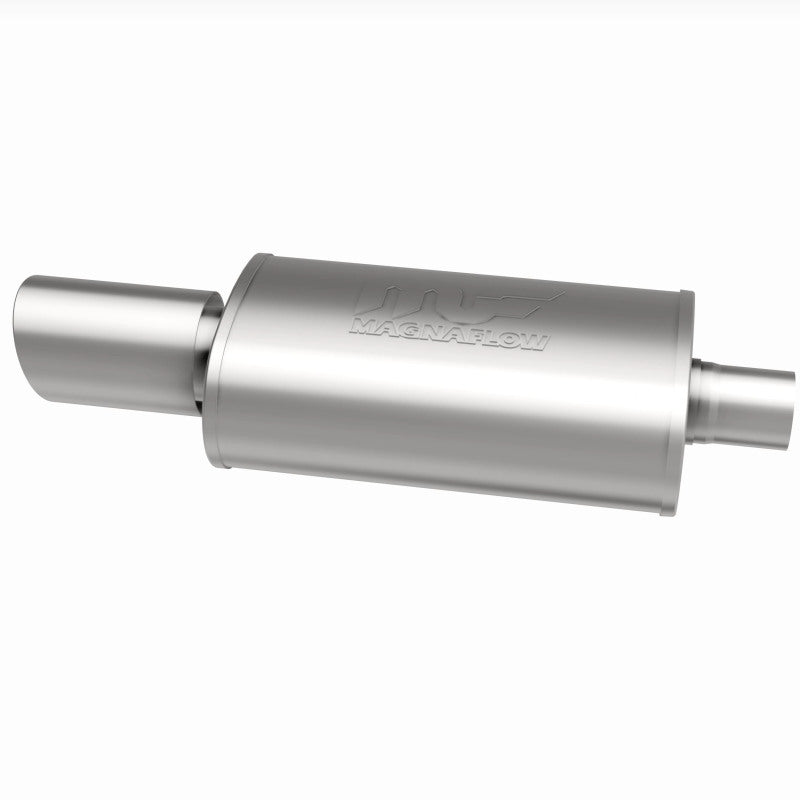 MagnaFlow muffler with tip, model RS 14X5X8, featuring dual 2.25/4 inch inlet and outlet, automotive exhaust system component