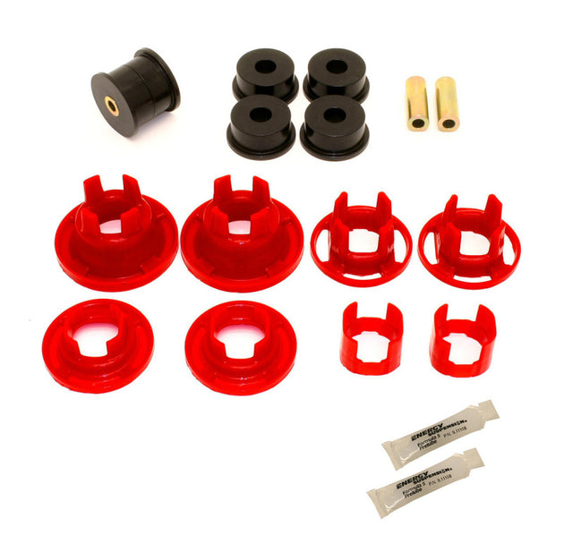BMR Suspension BMR 10-11 5th Gen Camaro street rear cradle bushing kit in black and red, for differential mounting and stability.