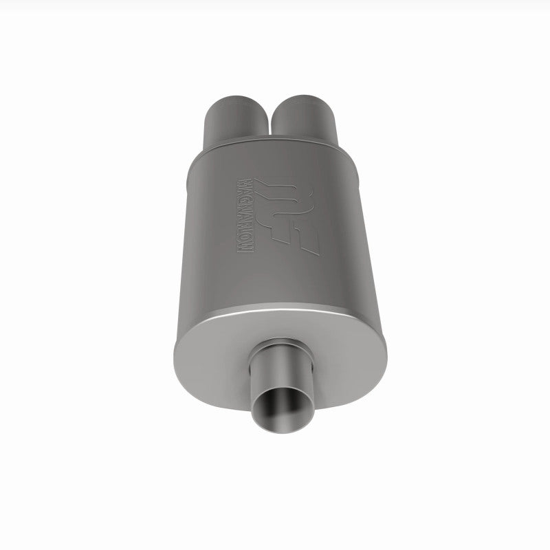 MagnaFlow stainless steel muffler with tip, 14x5x8 inches, featuring dual inlet and outlet pipes for automotive exhaust.