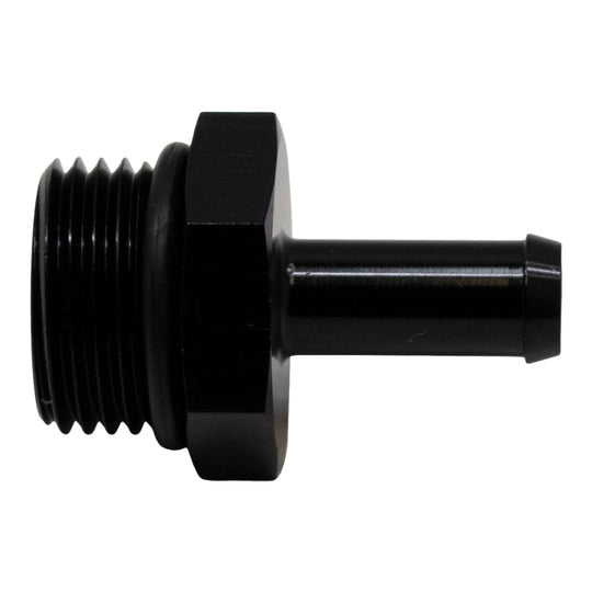 DeatschWerks 8AN ORB male to 5/16-inch barb fitting in anodized matte black with O-ring, designed for high-performance fuel systems.