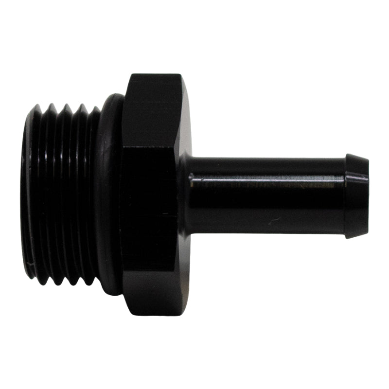DeatschWerks 8AN ORB male to 5/16-inch barb fitting in anodized matte black with O-ring, designed for high-performance fuel systems.