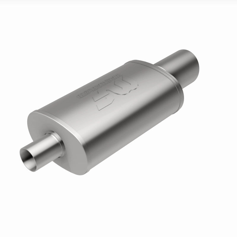MagnaFlow stainless steel muffler with tip, 14x5x8 inches, featuring dual inlet and outlet, designed for automotive exhaust systems.